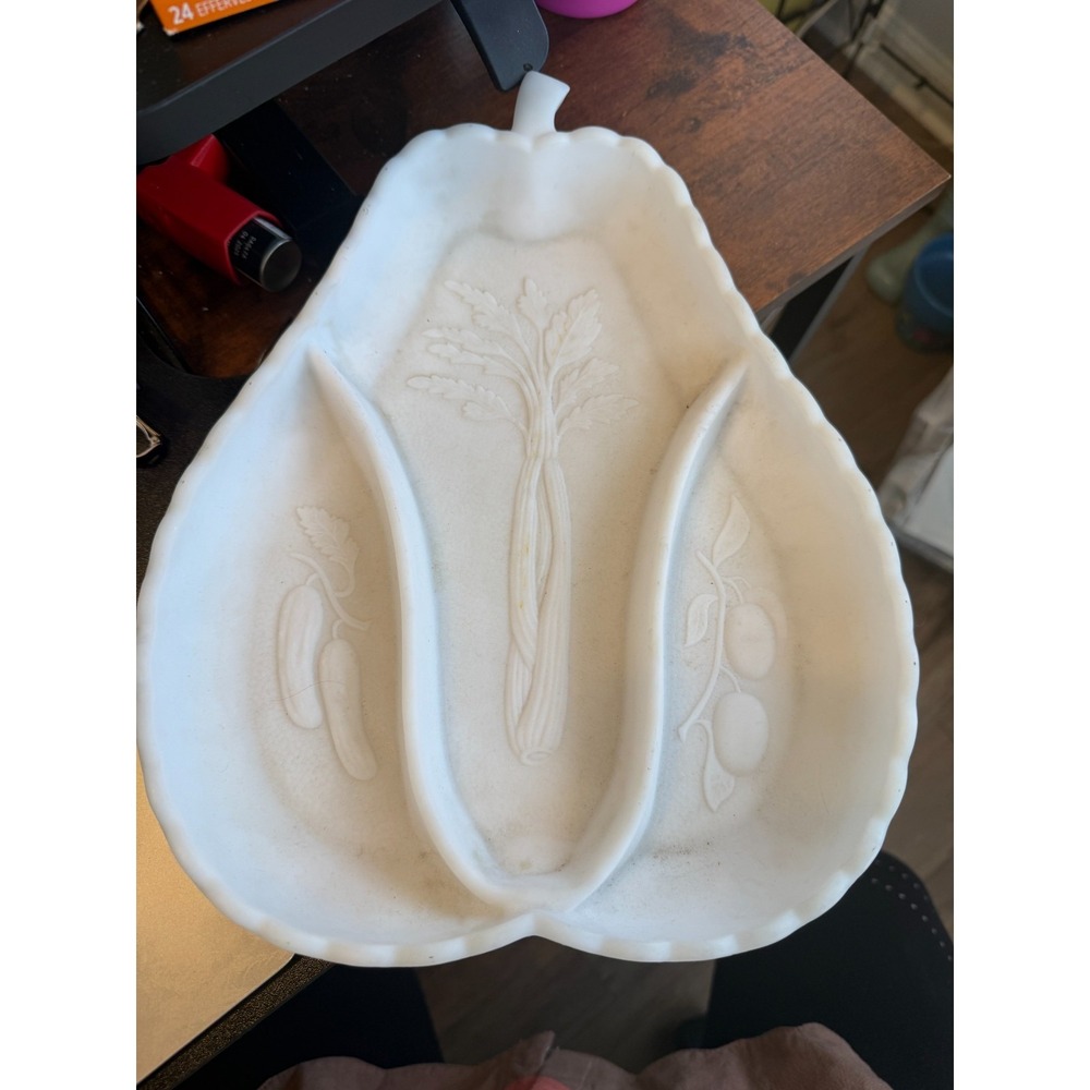 Imperial Pear Shaped Milk Glass Divided Relish Dish Satin Finish 12"